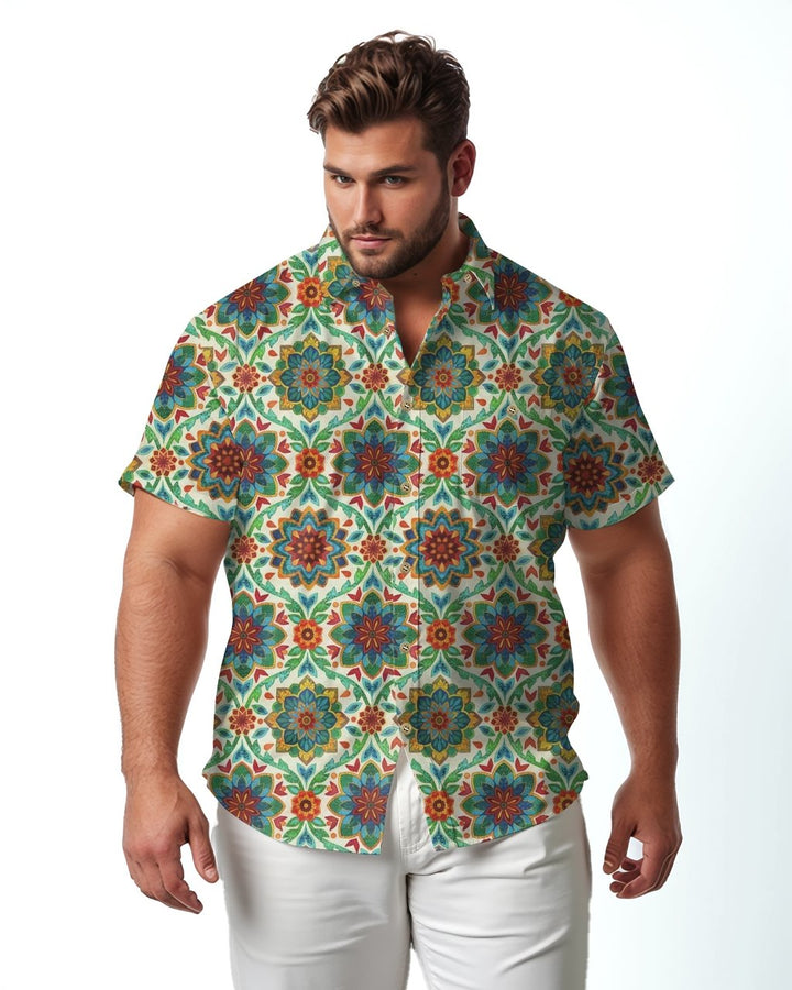 Alhambra -100% Cotton Linen Men's Short Sleeve Button-Up Shirt