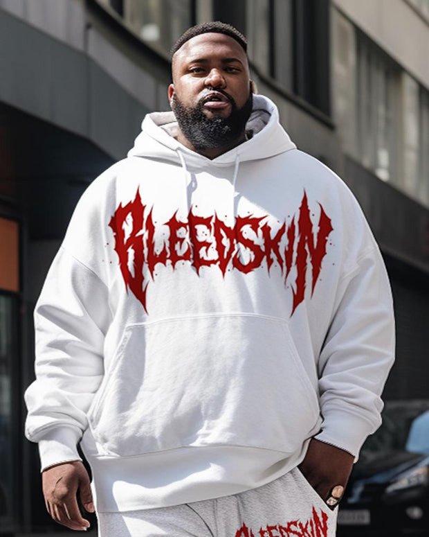 Men's Plus Size Casual Bleedskin Abstract Text Art Two Piece Hoodie Set