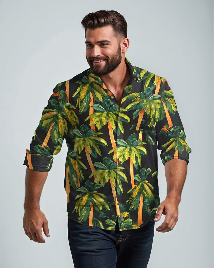 Tropical Rainforest Cotton Patch Pocket Long Sleeve Lapel Shirt