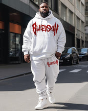 Men's Plus Size Casual Bleedskin Abstract Text Art Two Piece Hoodie Set