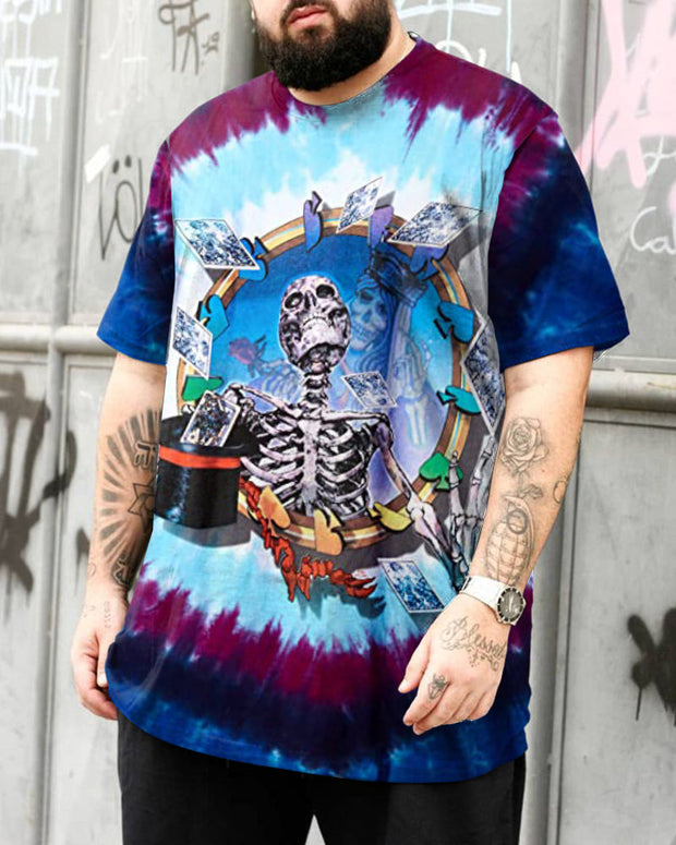 Tie Dye Skull Print Short Sleeve Plus Size Men's T-Shirt