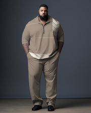 Men's Plus Size Gentleman Brown Graphic Polo Zip Shirt and Pants Two-Piece Set