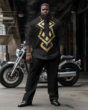 Men's Plus Size Ethnic Style Gold Totem Long Sleeve Shirt Two-Piece Set