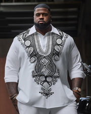 Men's Plus Size Ethnic Pattern Long Sleeve Lapel Shirt Two-Piece Set