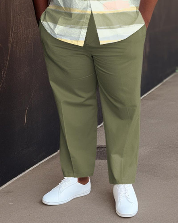 Men's Plus Size Green  Color Matching  Short-Sleeved Walking Suit