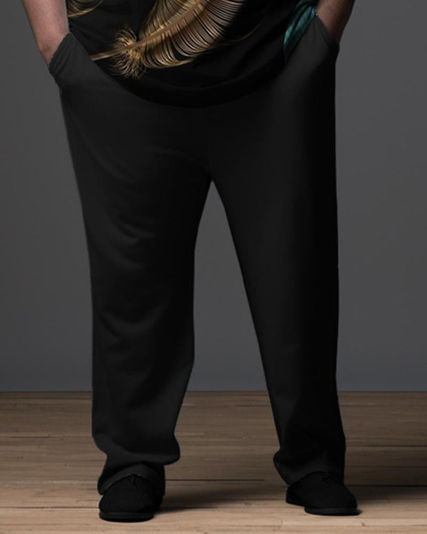 Men's Black Men's Ombre Art Plus Size Gentleman Business Polo Zipper Shirt and Pants Two-piece Set