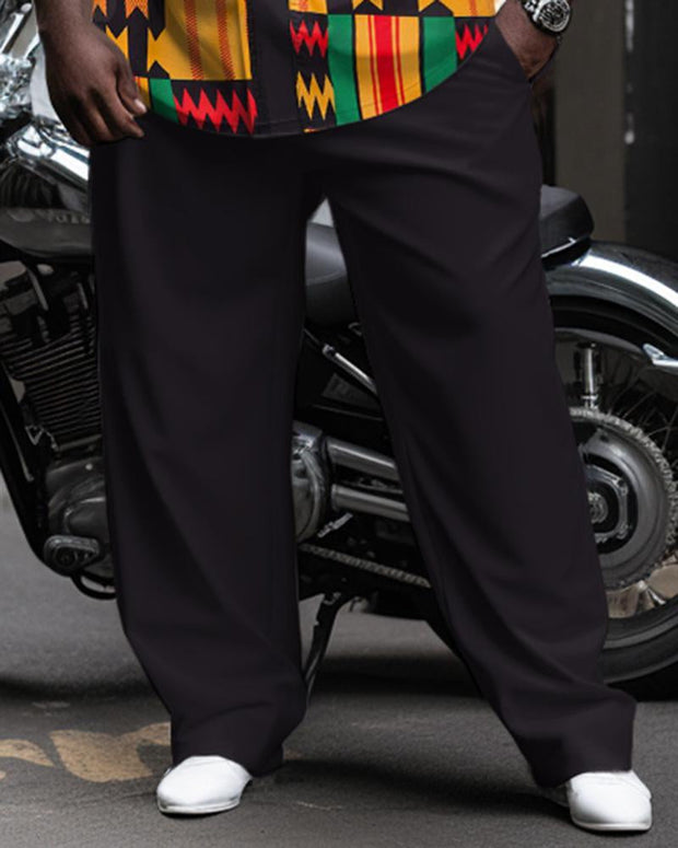 Plus Size Ethnic Style Men's Two-piece Colorblock Pattern Long -Sleeve Lapel Shirt Set