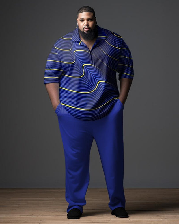 Men's Blue Men's Ombre Art Plus Size Gentleman Business Polo Zipper Shirt and Pants Two-piece Set