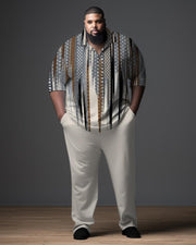 Men's Plus Size Gentleman Graphic Polo Zip Shirt and Pants Two-Piece Set