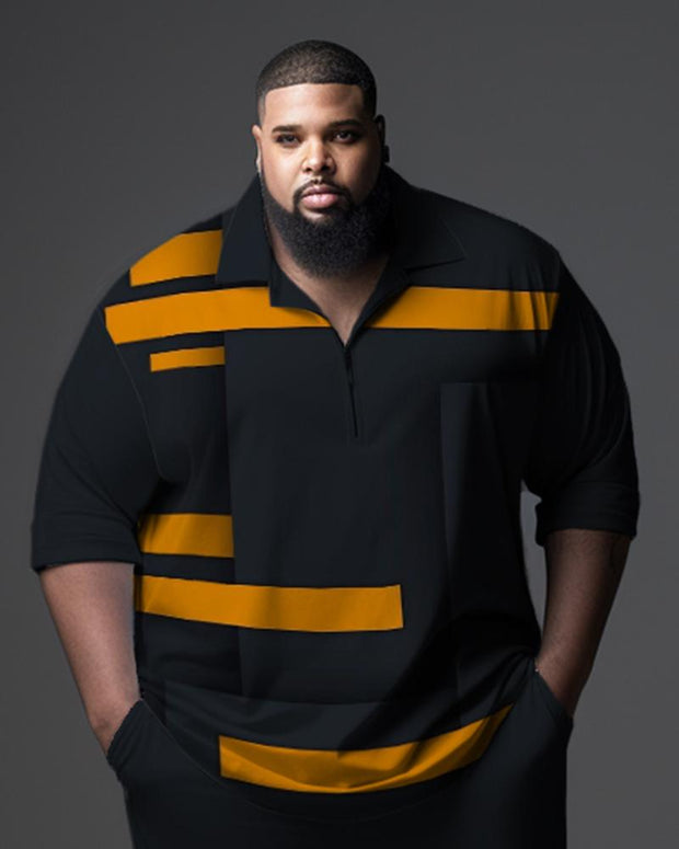 Men's Plus Size Gentleman Color Blocked Polo Zip Shirt and Pants Two Piece Set