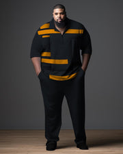 Men's Plus Size Gentleman Color Blocked Polo Zip Shirt and Pants Two Piece Set