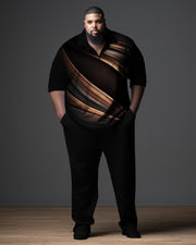 Men's Black Gradient Plus Size Gentleman Business Polo Zipper Shirt and Pants Two-piece Set