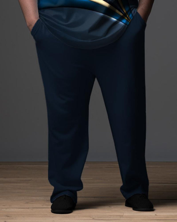 Men's Ombre Art Plus Size  Gentleman Business Polo Zipper Shirt and Pants Two-piece Set