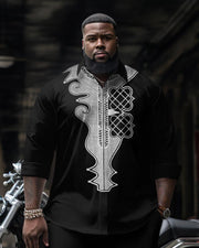 Men's Plus Size Ethnic Silver Pattern Long Sleeve Shirt Two-Piece Set