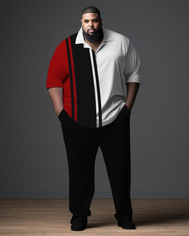 Men's Plus Size Gentleman Striped Color Block Polo Zip Shirt and Pants Two Piece Set