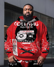 Plus Size Men's  Red Skull Colombus Hoodie SetTwo-Piece Set