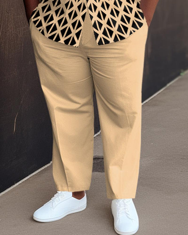 Men's Khaki Plaid Plus Size Gradient Short Sleeve Walking Suit