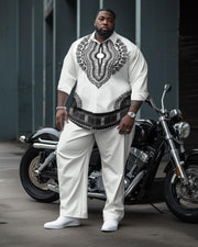 Men's Plus Size Ethnic Black and White Pattern Long Sleeve Shirt Two-Piece Set