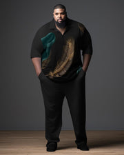 Men's Black Men's Ombre Art Plus Size Gentleman Business Polo Zipper Shirt and Pants Two-piece Set
