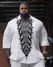 Ethnic Men's Plus Size Pattern Long Sleeve Lapel Shirt Two-Piece Set