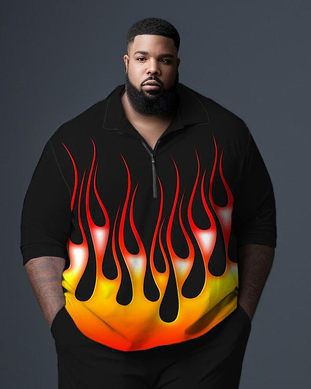 Men's Plus Size Black Flame Gradient Gentleman Business Polo Zipper Shirt and Pants Two-piece Set